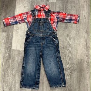 Oshkosh B’gosh two piece denim overalls and plaid onesie, size 18 months